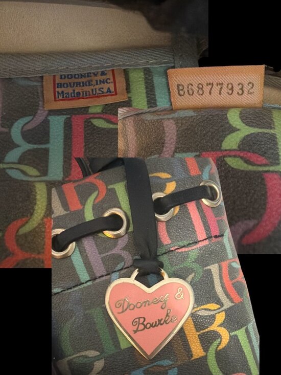 VTG Dooney & Bourke Rainbow Monogram Drawstring Tote B6877932 Black Leather 80s - Picture 8 of 9